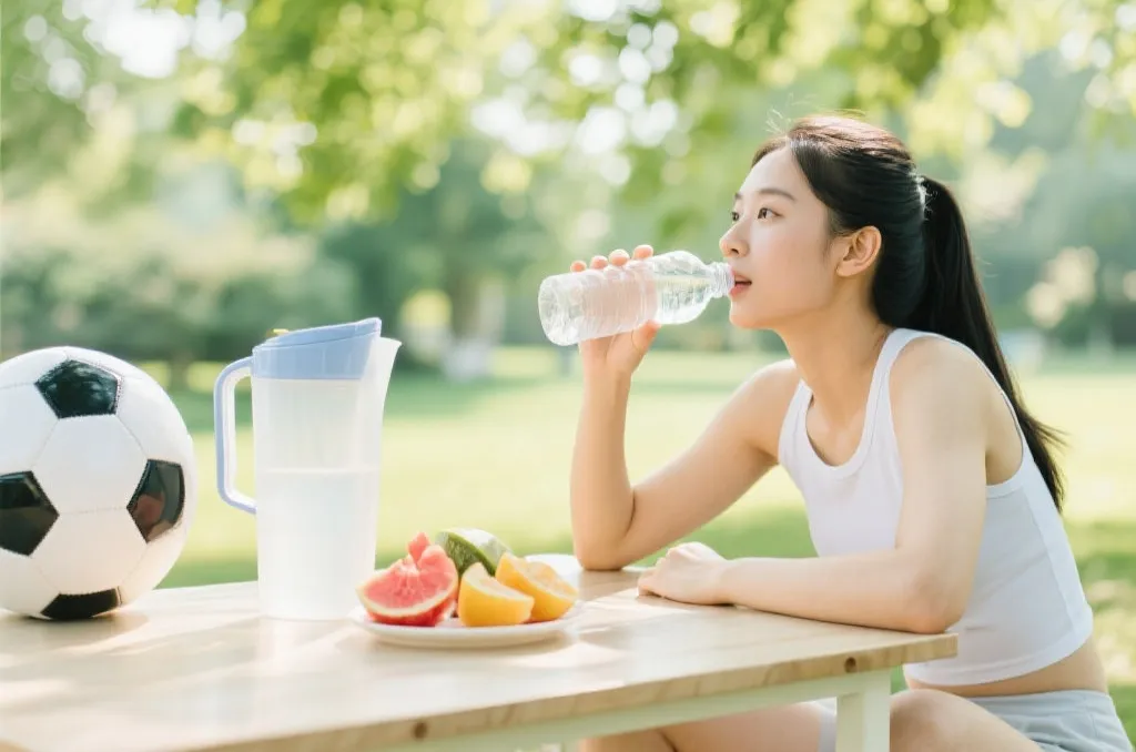 球迷在阴凉处补水休息，桌上有水壶和切块水果